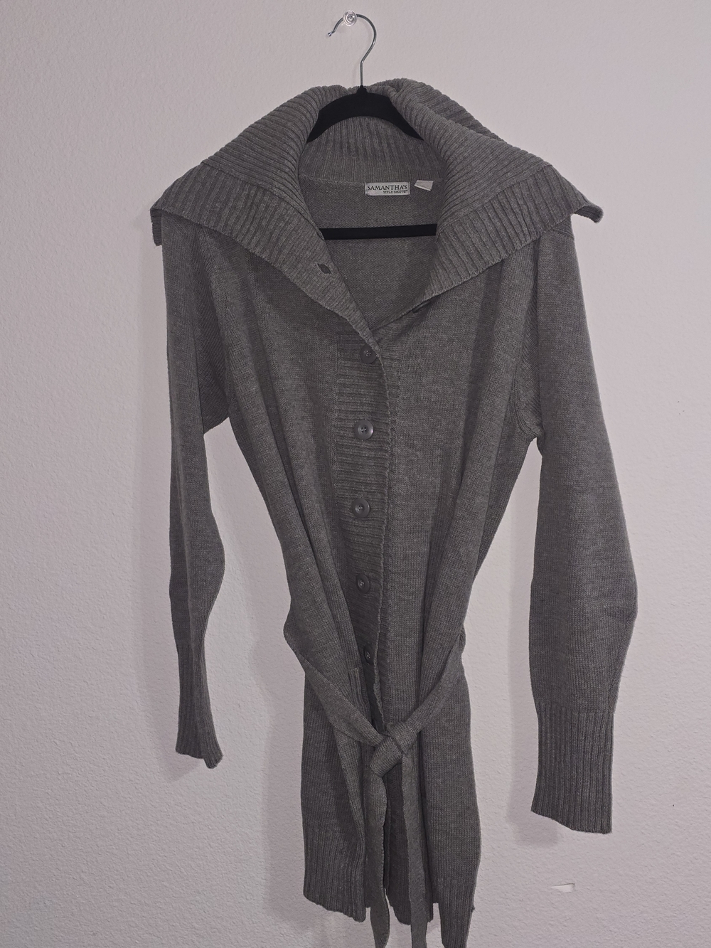 Gray Ribbed-Collar Button Front Cardigan with Self-Tie Waist